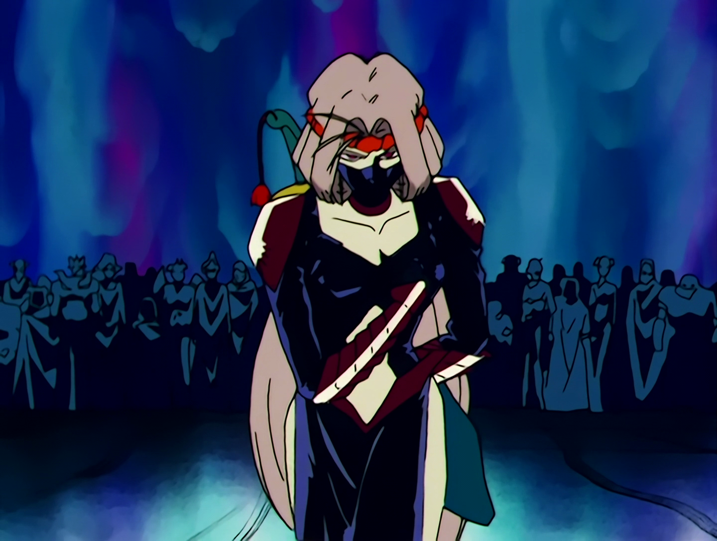 Oniwabandana, a Youma from Sailor Moon episode 43. She has pale, slightly greenish skin, and pale brown hair. She’s a pretty typical ninja - her outfit is black, she wears a mask that covers her mouth, and she has a red bandana. She also has a sword on her back.